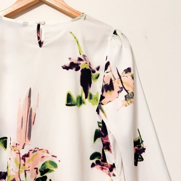 French Connection White Pink Purple Green Floral Watercolor Quarter Sleeve Top - Picture 6 of 7